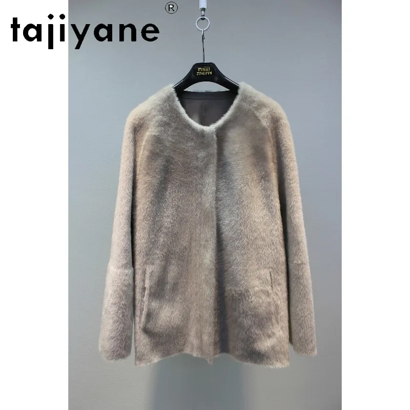 TAJIYANE Natural Baby Lacon Lamb Shearling Real Fur Coat Women Round Neck Outerwear Mid Length Fur Jacket Winter Overcoat Шуба