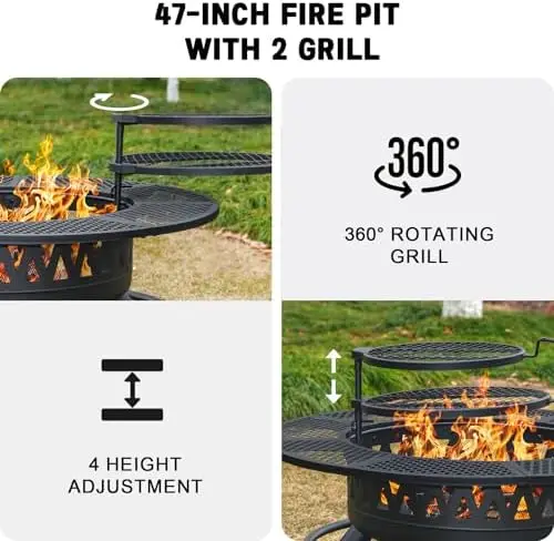 47 Inch Fire Pit with 2 Grills, Outdoor Extra Large Firts for Outside, Wood Burning Fireplace for