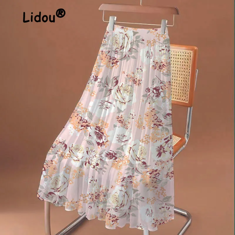 2023 Summer New Vintage Ink Print Chiffon  Mid Length Women's High Waist Casual A-line Large Swing Dance Skirt