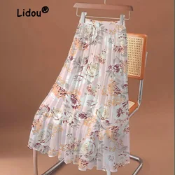 2023 Summer New Vintage Ink Print Chiffon  Mid Length Women's High Waist Casual A-line Large Swing Dance Skirt