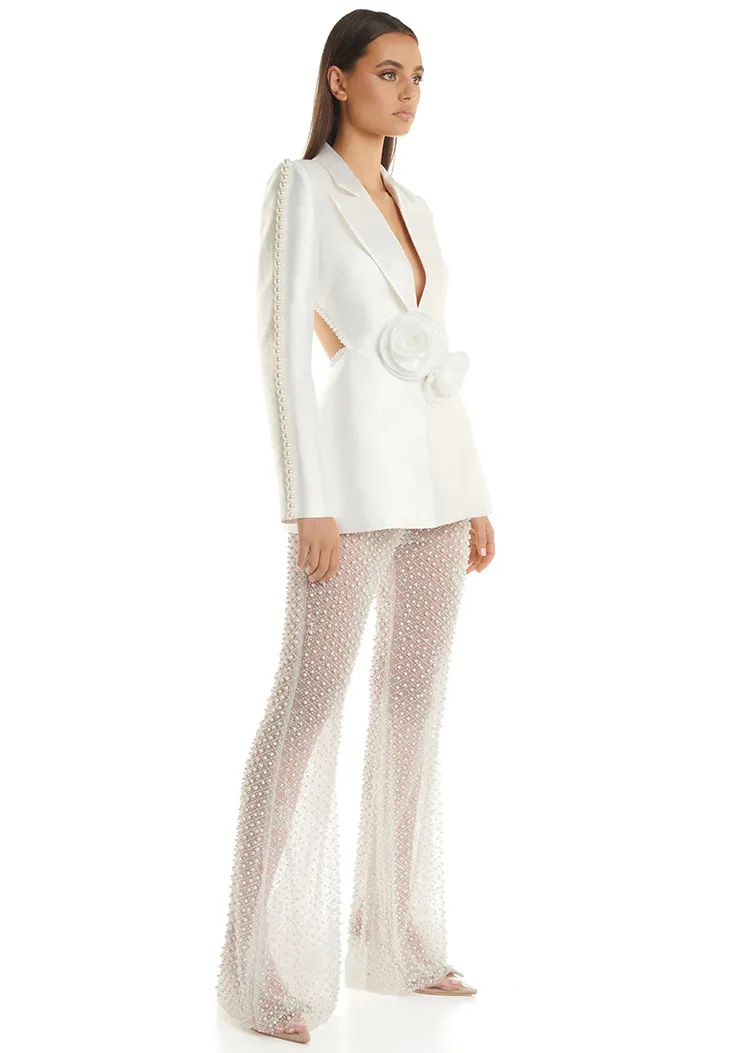 2024 Spring Lady Fine Workmanship Beading Solid Suit Long Sleeve Hollow Out Waist Blazer See-through Flared Pants Women 2Pcs