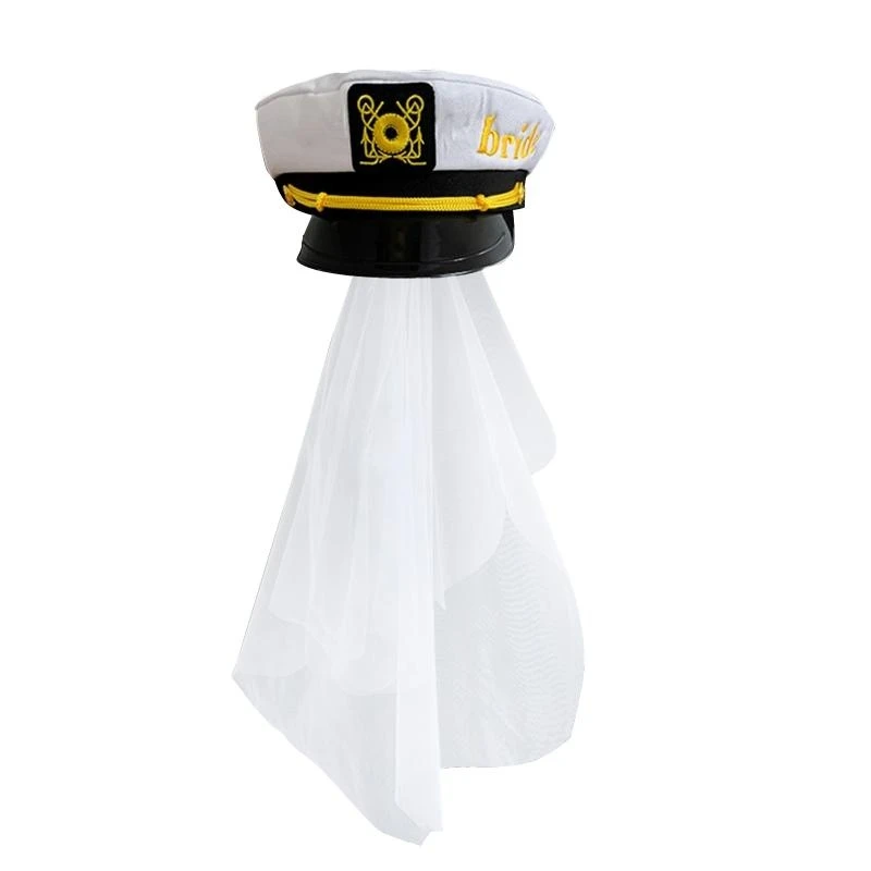 2026 New Captain's Yacht Sailors Hat with Bride Veil Adjustable Sea Cap Costume