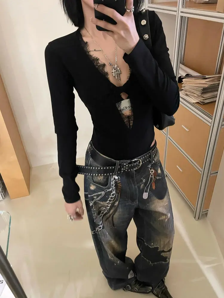 Yedinas Gothic Black Hollow Out Bodysuits Rompers Women Jumpsuits Fashion Solid Lace Long Sleeve Sexy Sheath Skinny Y2k T Shirt