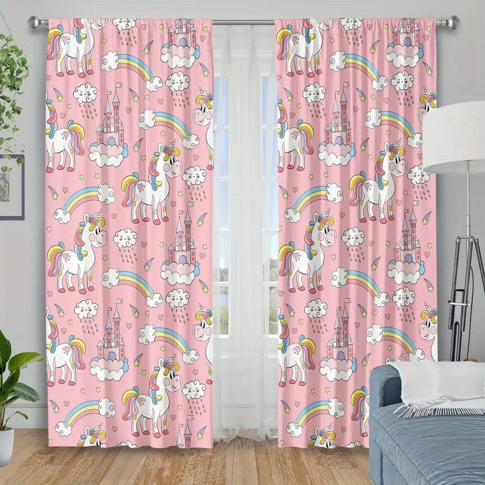 Cute Unicorn Rainbow Princess Nursery Curtains Pink Kids Room Decor Lightweight Sheer Window Panels