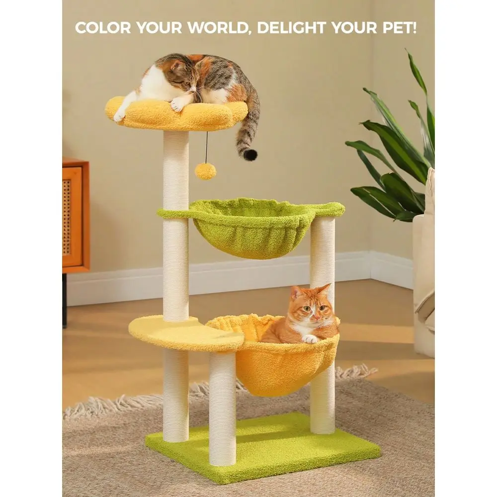 

37.4 Cat Tree With 2 Large Hammocks, Small Cat Tower For Indoor Kitty With 6 ching Posts, Cute Cat Tree With Flower Top Pe