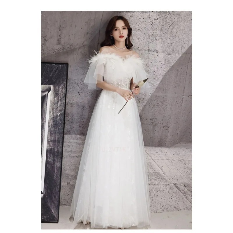 Customized Evening Dress White Feathers Off the Shoulder A-Line Floor-Length Plus size Prom Dress Woman Formal Party Gowns
