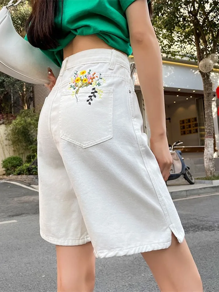 GUUZYUVIZ High Waist Shorts Jeans Feminino Casual Loose Floral Pocket Shorts Woman Harajuk White Denim Short Pants Summer