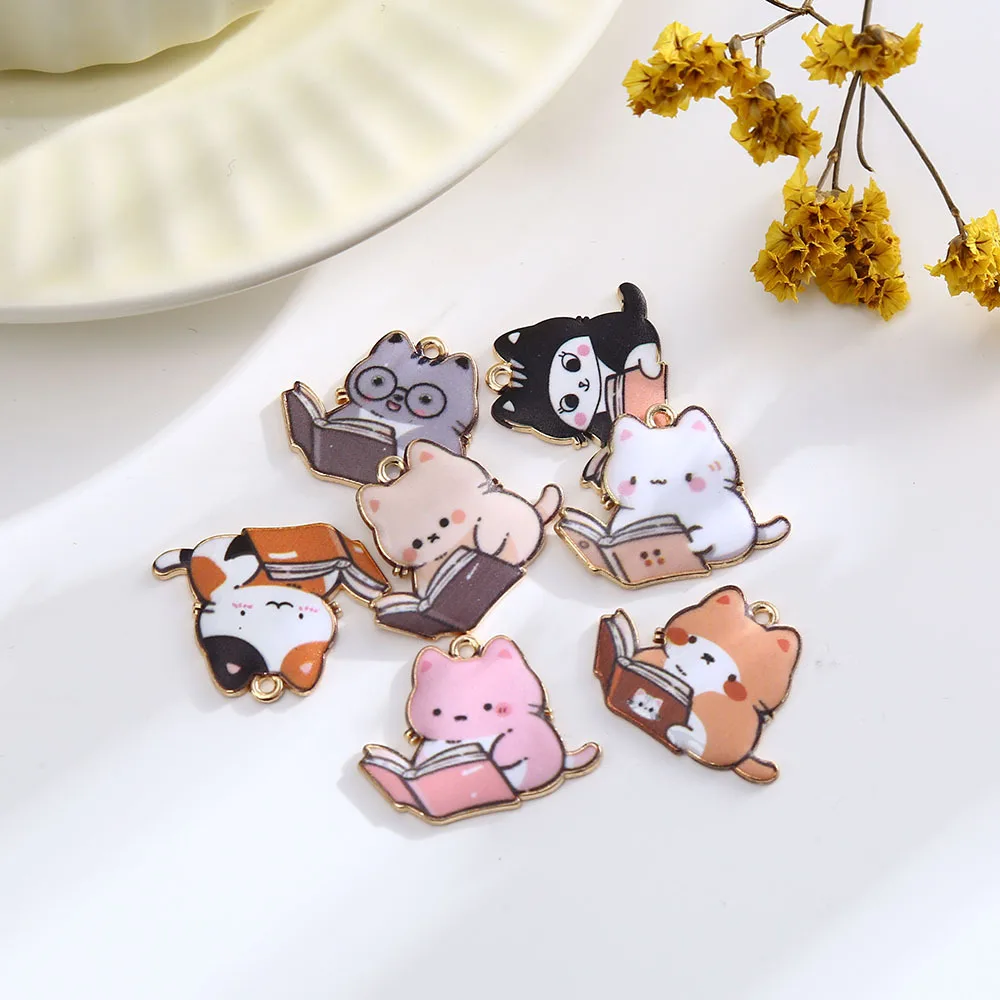 7pcs New Fashion Cute Read Book Cat Enamel Charms Colorful Cartoon Learned Animal Pendants For Making Handmade DIY Jewelry ﻿
