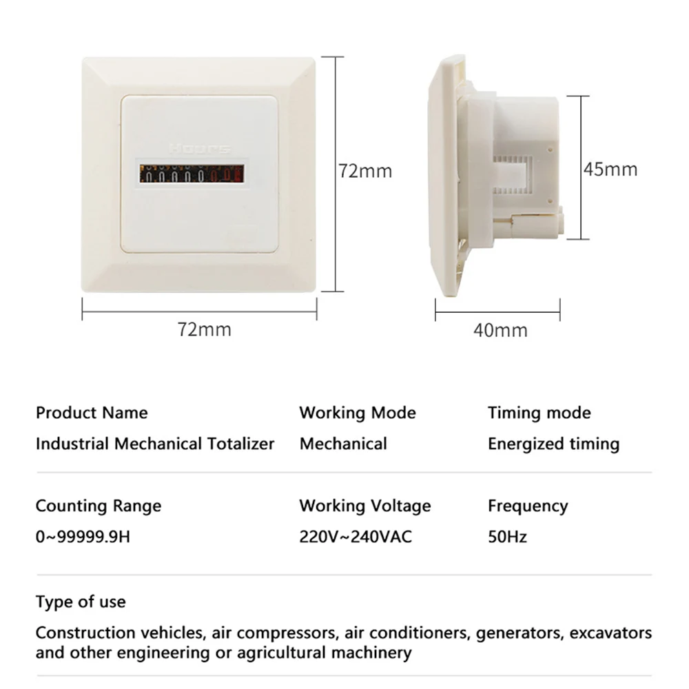 Mechanical High-precision Timer Square Electronic Hermetic Counter Digital 0-99999.9 Hour Meter Hourmeter Gauge AC220-240V 50Hz