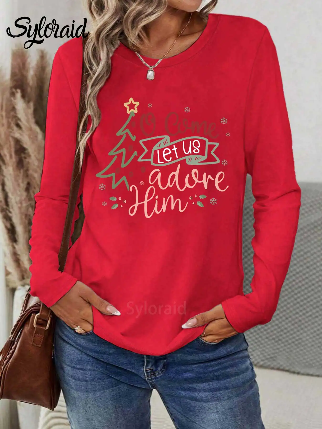 Dames T-shirt met lange mouwen "O Come Let Us Adore Him" Kerstboom Print T-shirt Mode Ronde Hals Casual Top
