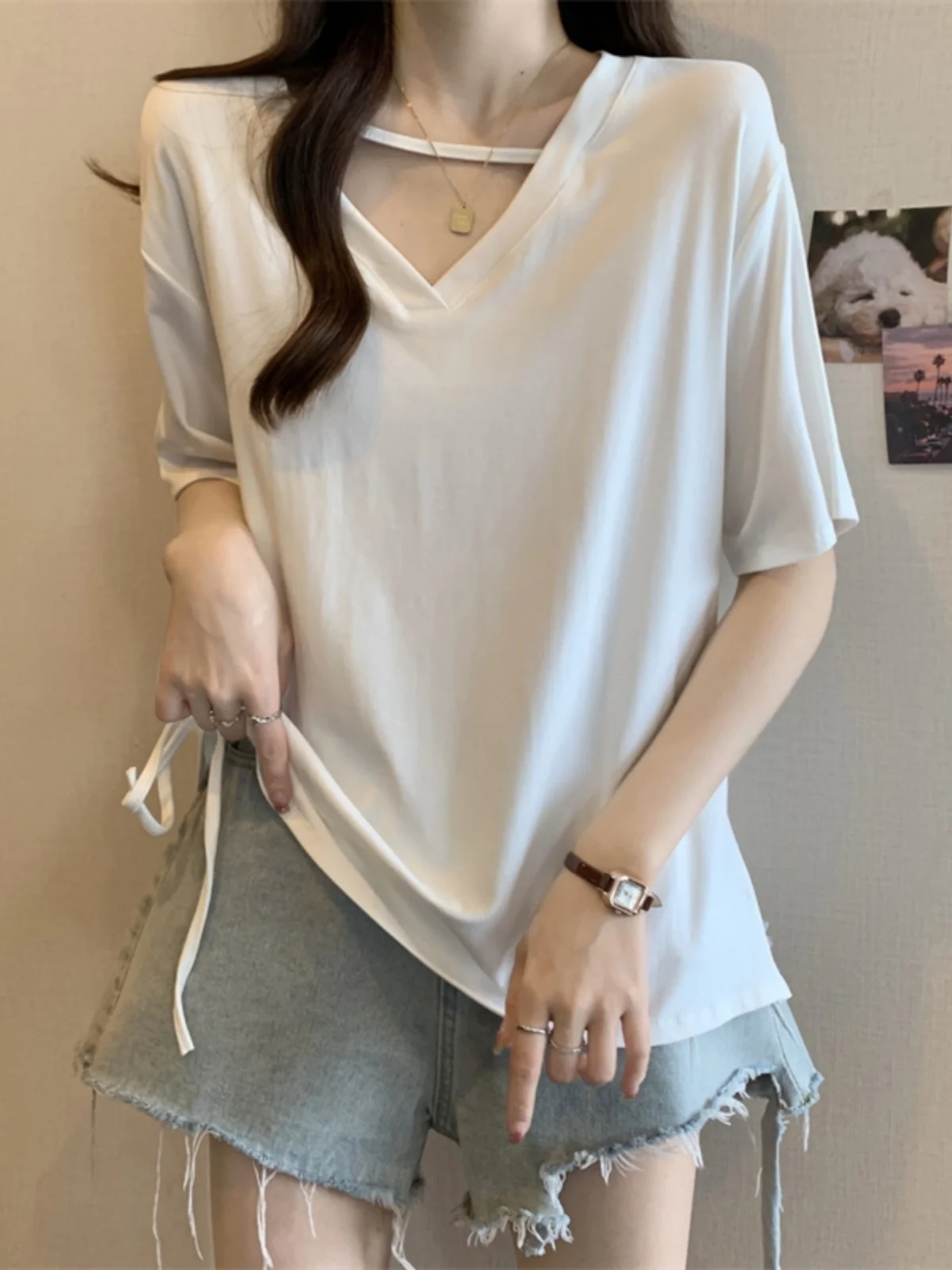 American Style Shoulder V-neck Short Sleeve T-shirt Women Summer plus Size Conceal Belly Unique Super Beautiful Base Shirt
