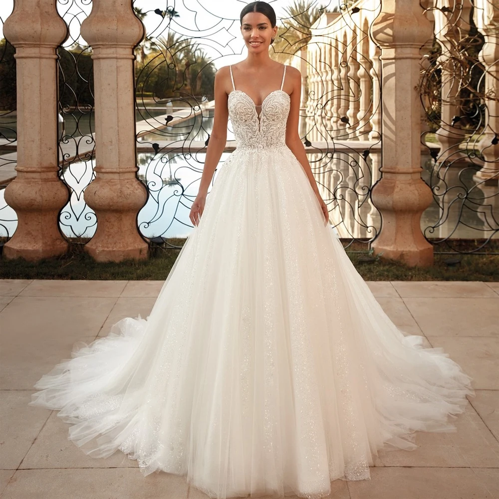 

Elegant V-Neck A-Line Sleeveles Women Wedding Dresses Lace Flower Printing Gowns Princess Banquet Mopping Length Robe Customized