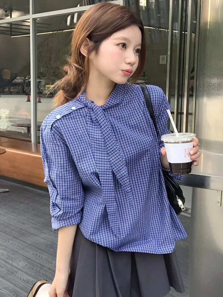 

Модная милая блузка с галстуком-бабочкой Blusas Mujer для женщин, корейская мода, элегантная синяя клетчатая повседневная рубашка с длинными рукавами, новинка 2023 года