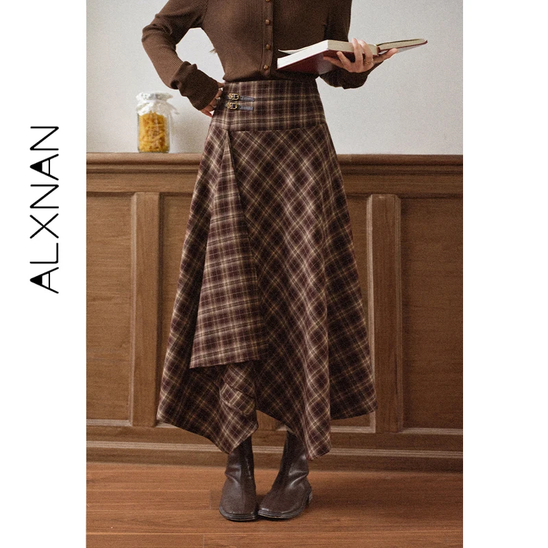 ALXNAN Women's Skirt Vintage Plaid Long Wrap Skirt Trend 2026 Elegant Irregular Hem Checkered Design Sense Midi Skirts L569117