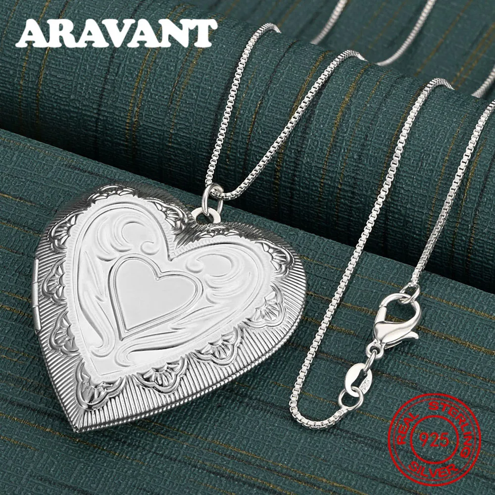925 Sterling Silver Floral Carved Double Heart Box Pendant Necklace For Women, Commuter Accessories, Christmas Gifts, Jewelry