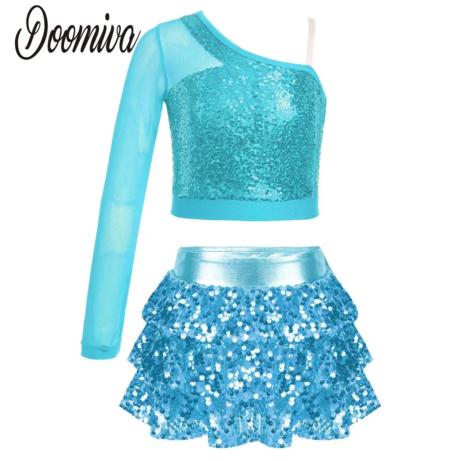 

Big Girls Latin Jazz Ballroom Dance Outfit Performance Costume 2pcs Shiny Sequined Crop Tops and Skirted Culottes Show Dancewear