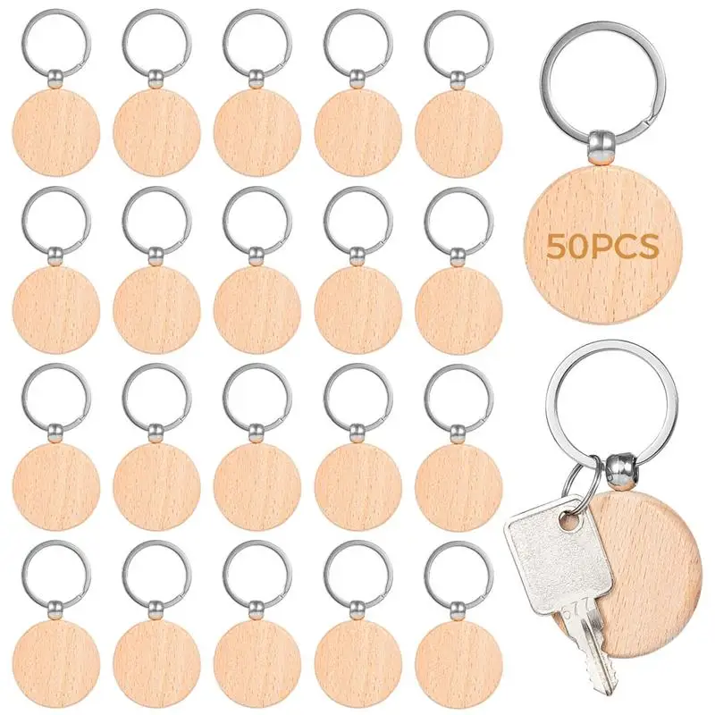 

50Pcs Wooden Keychain Blanks Blank Wood Keychains For Personalized DIY Crafts Round Wood Keyring Blanks DIY Key Chains Pendants