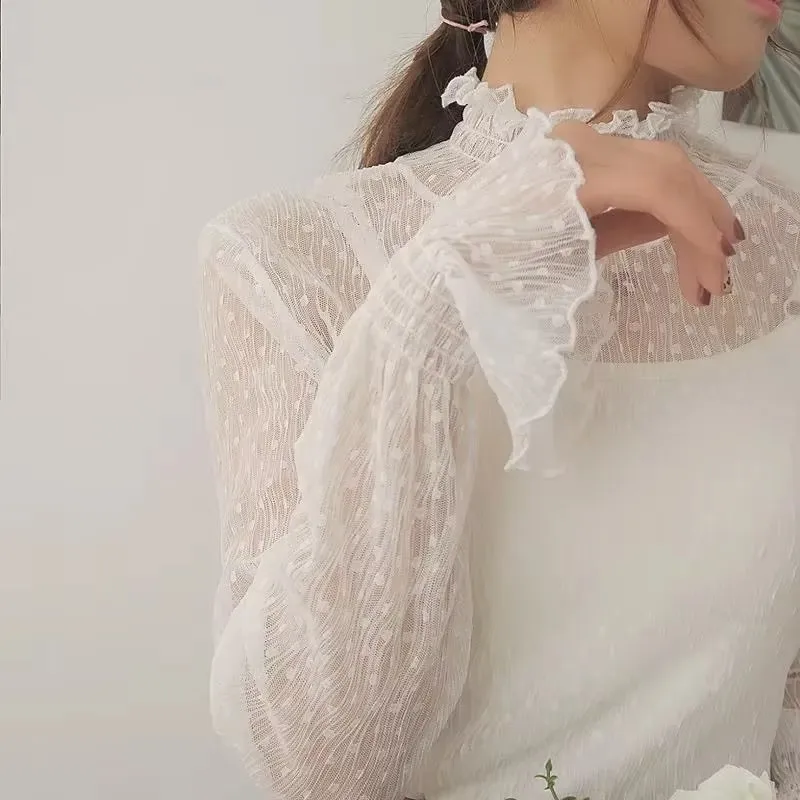 Sexy Women Long Sleeve See Through Mesh T-Shirts Transparent Lace Blouse Tops For Women O Neck Sheer Tees Body Crop Top