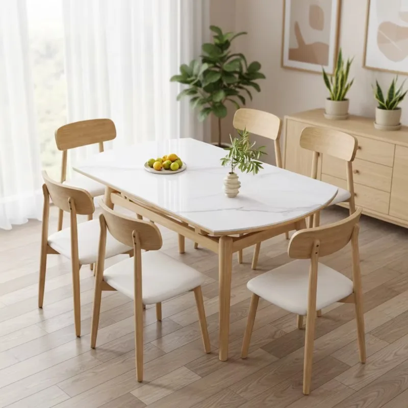 Extendable Sintered Stone Dining Table Solid Oak Frame Modern Rectangular-Oval Kitchen Table For 6-8 People Space Saving