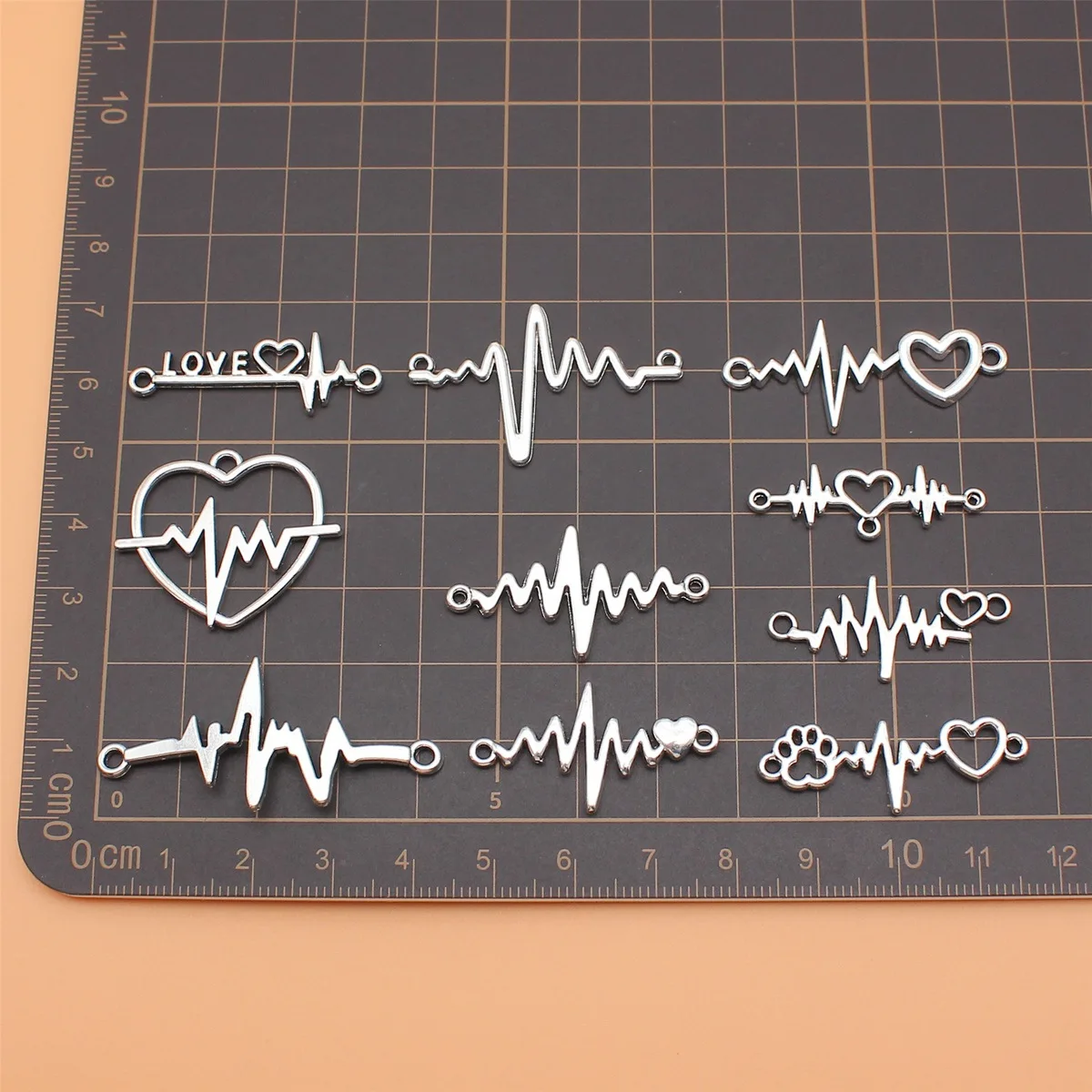 10pcs Antique Silver Color Electrocardiogram Charms Collection For DIY Jewelry Making, 10 Styles, 1 of Each