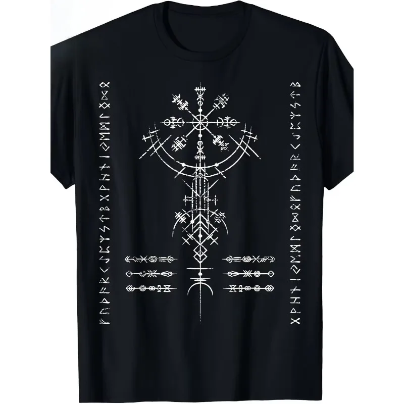 Men's Viking Compass Pattern T-shirt with Nordic Rune Celtic Yggdrasil Design, Suitable for All Seasons