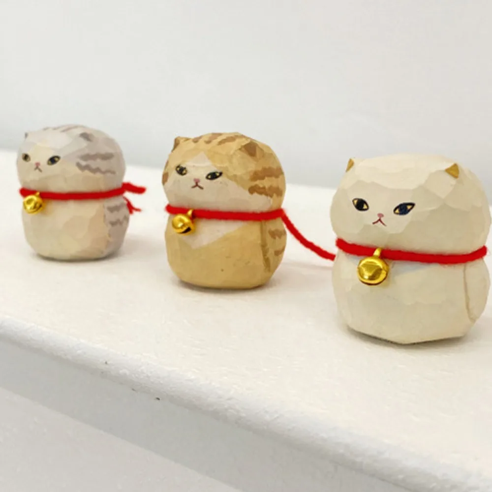 Home Decoration Wooden Carving Cat Ornament Doll Handmade Bell Kitten Ornament Cute Cartoon Small Cat Model Desk Decor