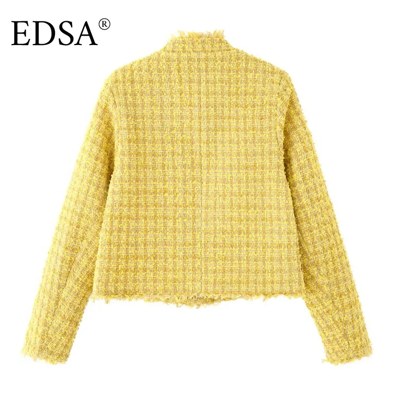 EDSA ملابس علوية نسائية كلاسيكية أنيقة غير رسمية أصفر سادة رقبة دائرية واحدة الصدر كم طويل معاطف قصيرة موضة جديدة معاطف خريف 2025 #3