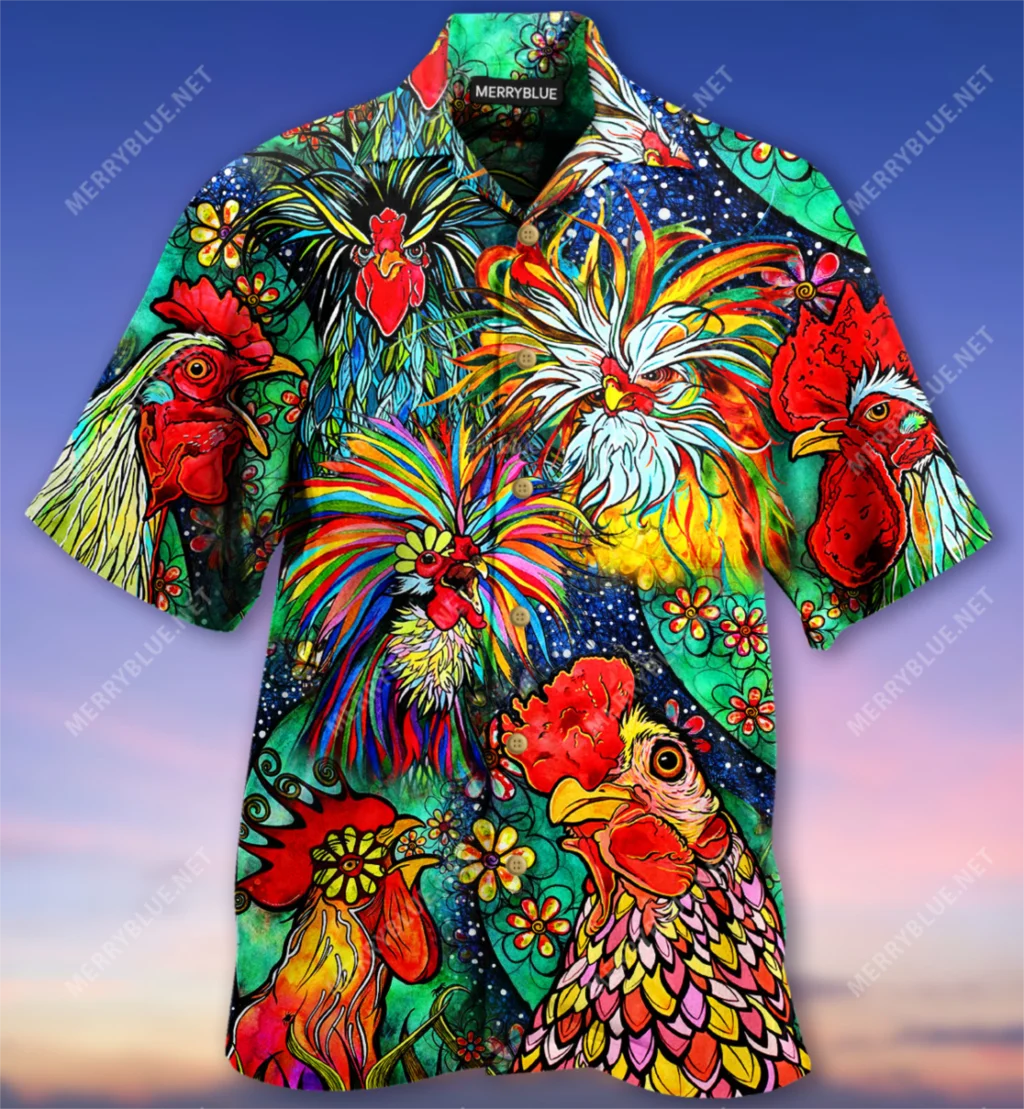 

New Men's Halloween Party Shirts Colorful Rooster Button Up Shirt Creative Hawaiian Style Summer Streetwear Cuban Shirts for Men