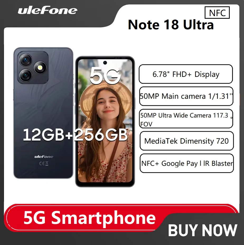 Ulefone Note 18 Ultra 5G Smartphone Android 13,12GB RAM(6+6) 256GB ROM, 6.78