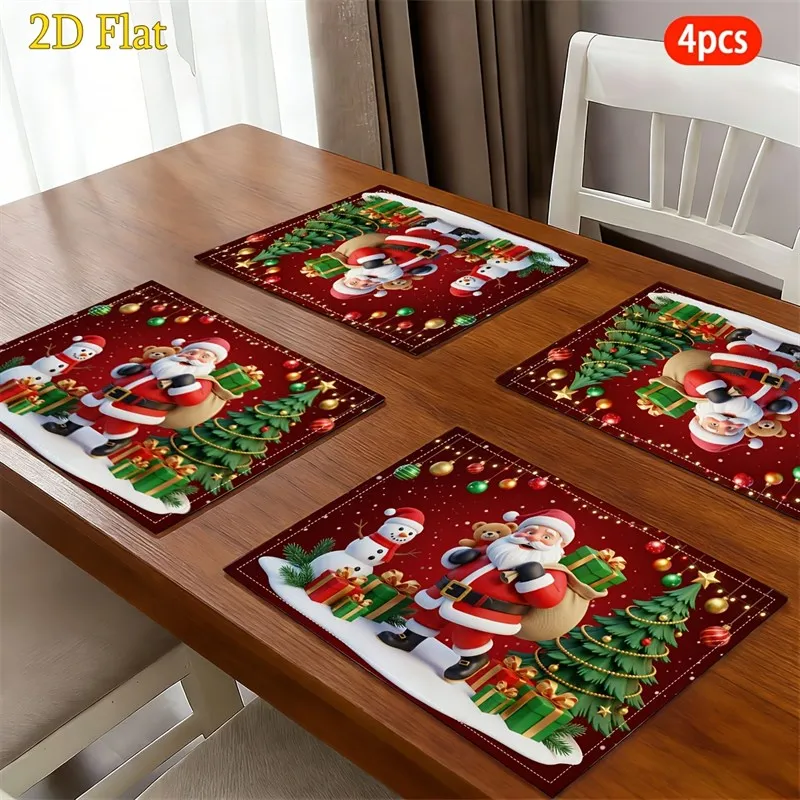 VIKAMA Christmas Linen Placemats, Santa Gift Sack Burgundy, Machine Washable Heat Resistant, Festive Dinner