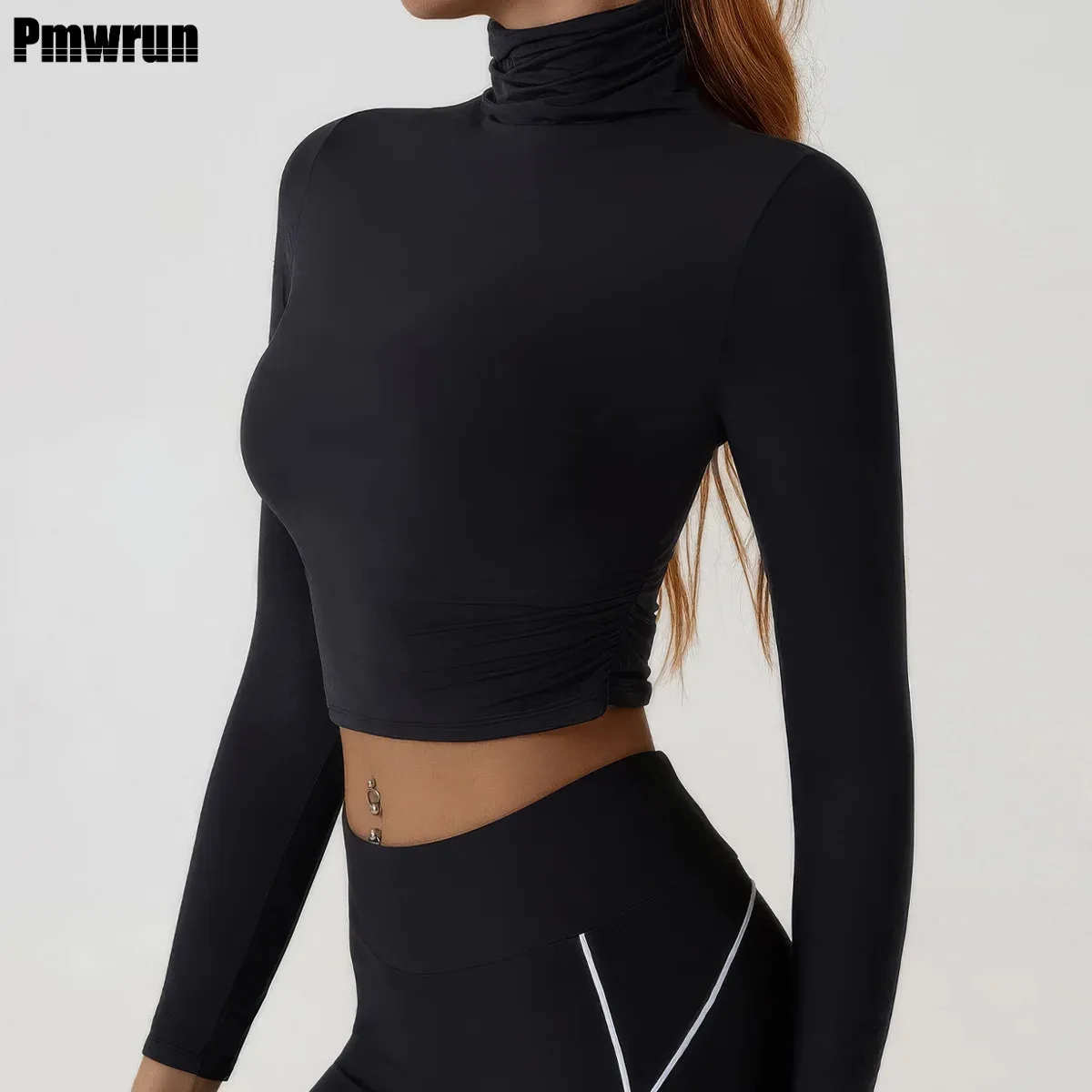 

PMWRUN Women Long Sleeve Turtleneck T Shirts Ribbed Tight Knit Sexy Slim Fitted Casual Women's Basic Crop Tops Cropped T-Shirt