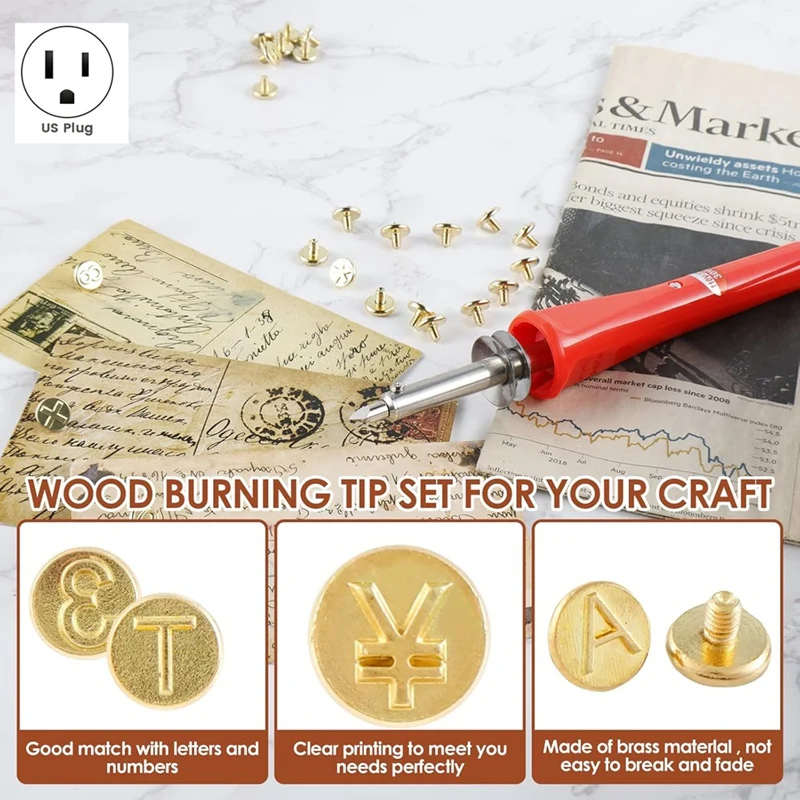 Wood Burning Tip Set, 26 Letters Wood Burning Tip Kit Copper Letter Number Soldering Iron Stencils US Plug