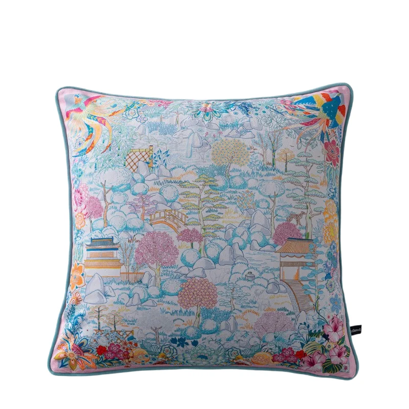 Vintage Chinese Landscape Velvet Pillow Cover Colorful Flower Tree Bridge Print Decorative Cushion Case Skin Friendly Velvet