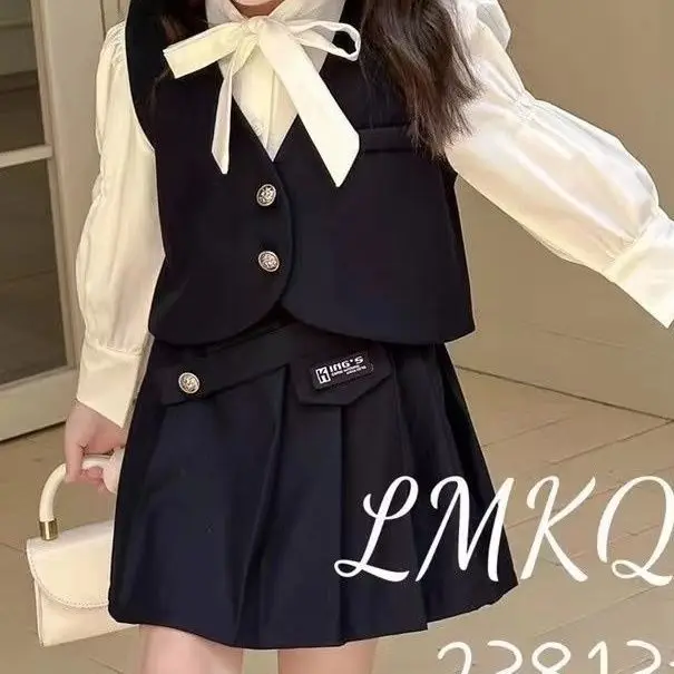 2-11Y Spring Fall Children Girl 3PCS Clothes Set Cotton White Ruched Bow Shirts Black Vest Pleated Skirts JK Suit Girl Outfit