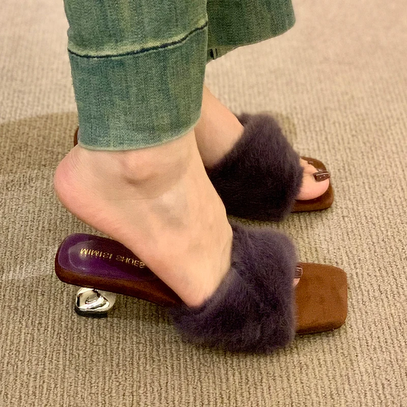 

High Heels Women Fluffy Slippers Square Toe Sandals Woman Shoes 2025 Winter Sexy Dress Pumps Slingback Flip Flops Mujer Zapatos