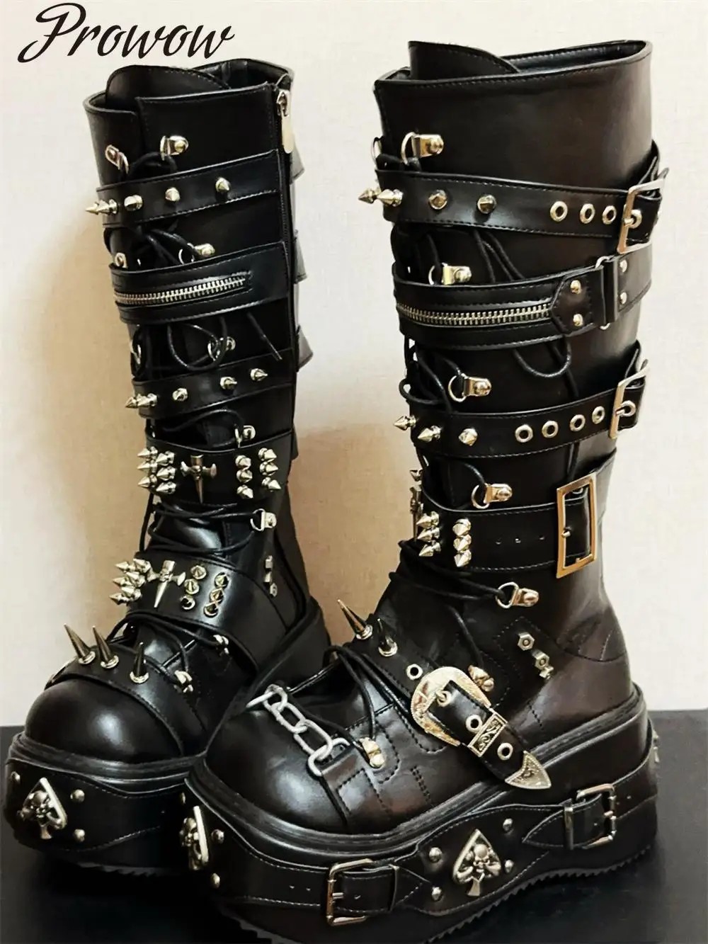 

Сапоги до колена в стиле панк-готика с толстой подошвой и заклепками, женская обувь Zapatos Mujer