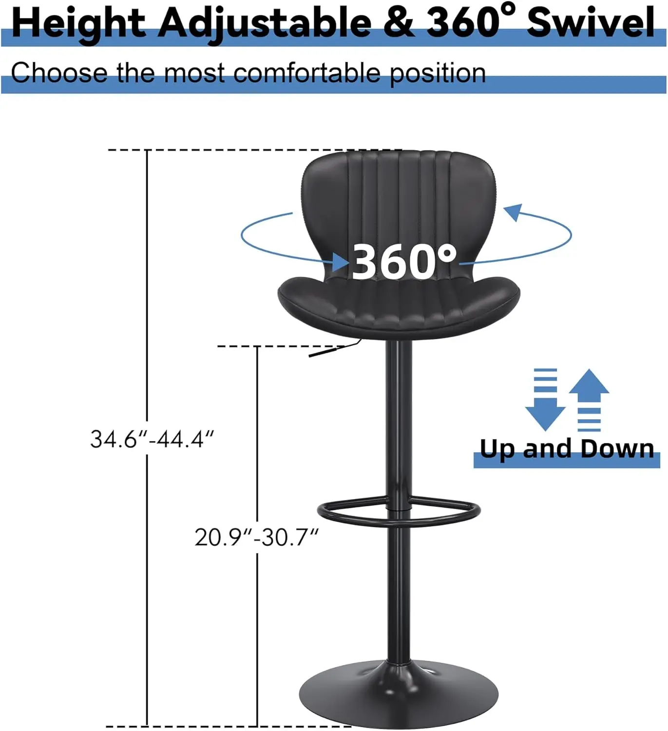 가죽 바 스툴 4개 세트, 조절 가능한 카운터 높이, 주방용 모던 블랙 아일랜드 의자