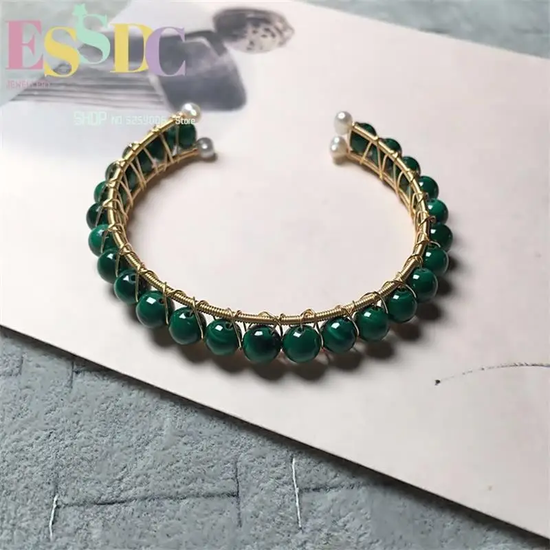 Natural Double Row Malachite Gold Winding Wire Craft Crystal Original Bracelet Multi-ring Retro