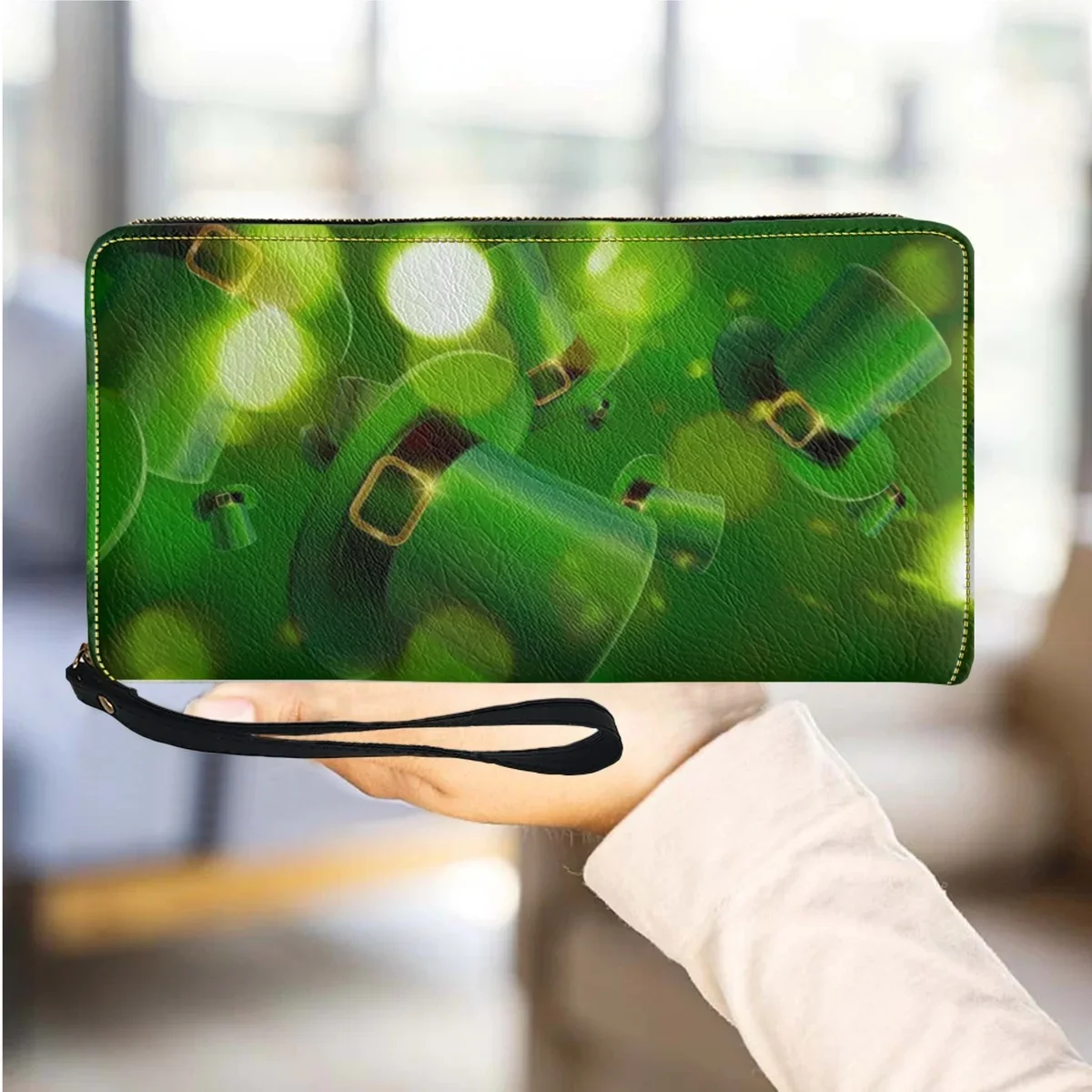 

Lucky Irish Day Green Hat Women Wallets Multifunction Leather Ladies Wallet Wrist Strap Purse St Patricks Day Clover Coin Case