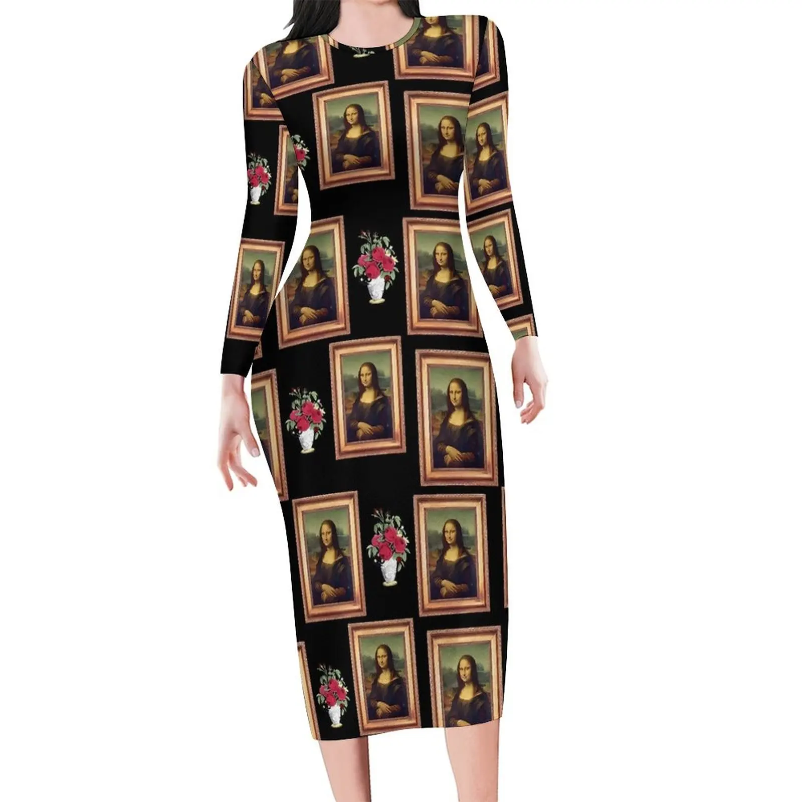 Mona Lisa Bodycon Dress Spring Famous Painting Cute Dresses Womens Long Sleeve Graphic Aesthetic Dress Big Size 4XL 5XL