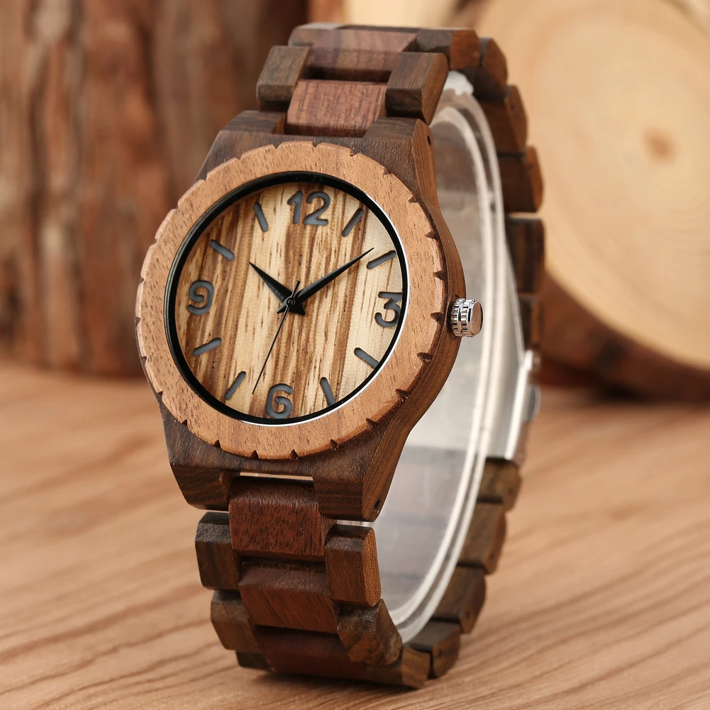 Coffee Brown Walnut Wood Men\'s Watch Quartz Wristwatches Arabic Numerals Dial Vintage Stylish Male Wooden Bangle Timepiece Gift