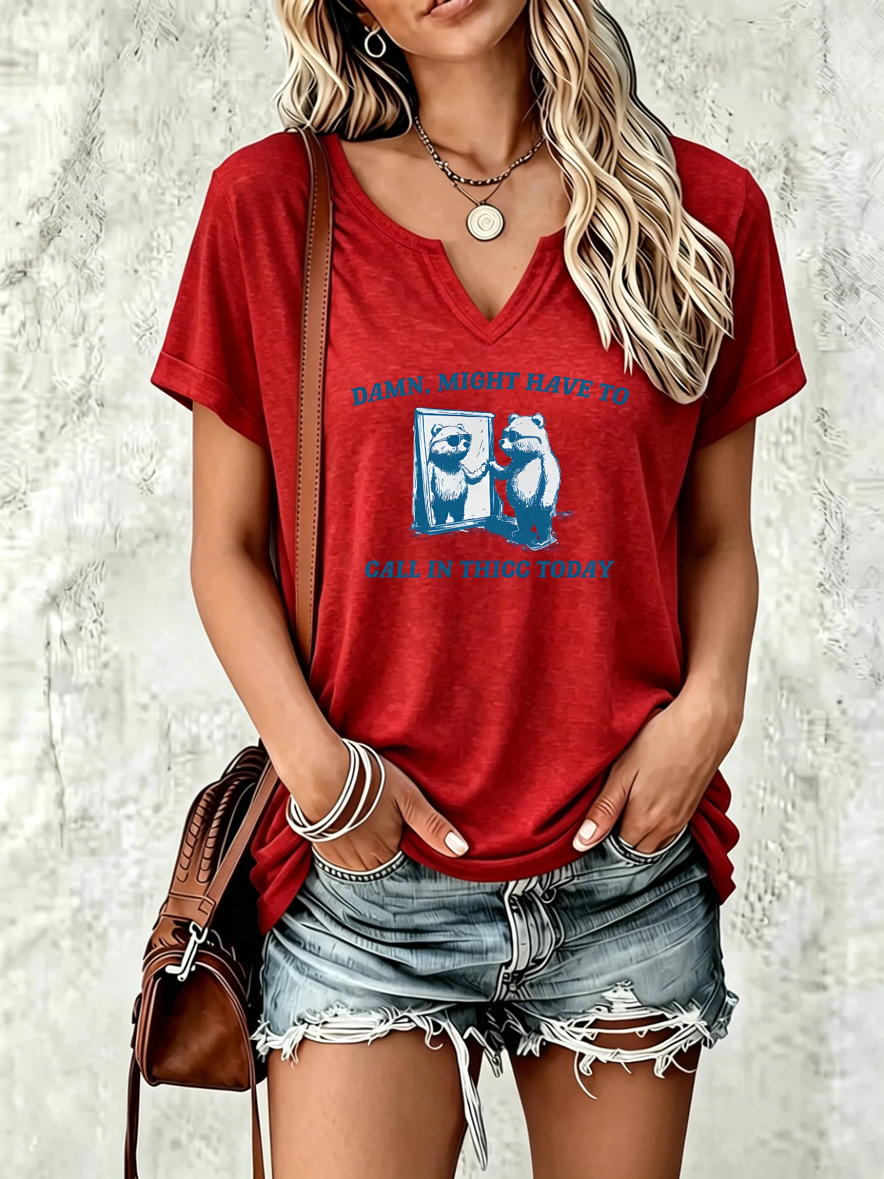 Women's V-neck rolled-sleeve short-sleeved T-shirt with a letter 
