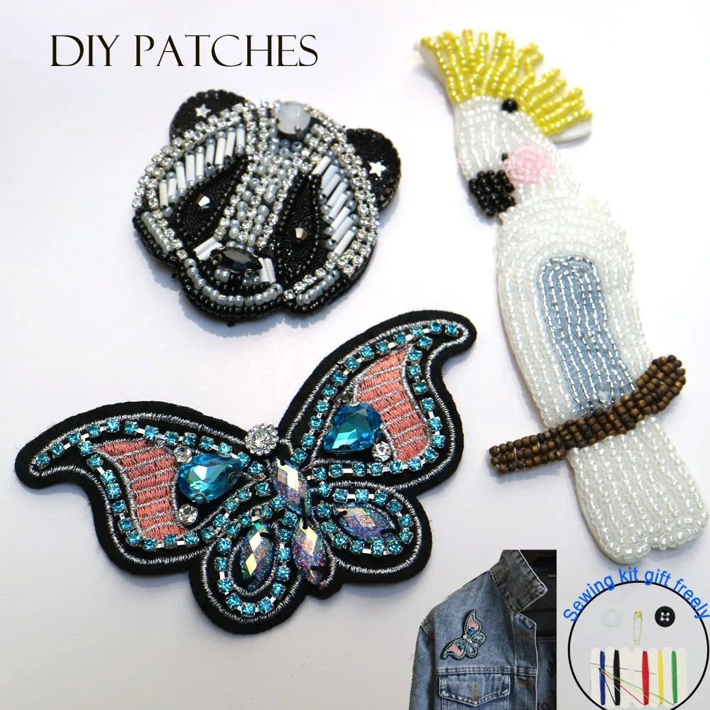 Butterfly beaded patches for clothing Sew on patch bird panda decorative parches bordados para ropa Embroidery applique clothing