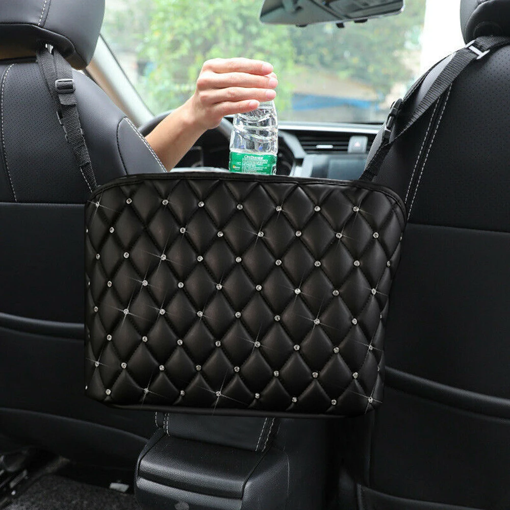 

Diamond PU Leather Car Handbag Holder Seat Back Organizer Mesh Large Capacity Bag Bling Car Seat Storage Bag for Phone Sundries