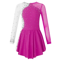 Girls Figure Ice Skating Dresses Long Sleeve Rhinestone Tights Gymnastics Dress Leotard Ballet Dance Performance Costume