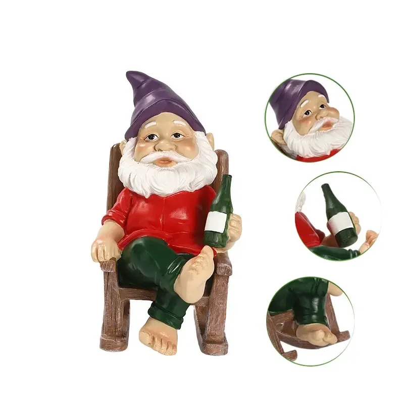 

Garden Gnome Figurines Rocking Chair Drinking Wine Gnome Statue Funny Dwarfs Statue Garden Decoration Gift Home Decor