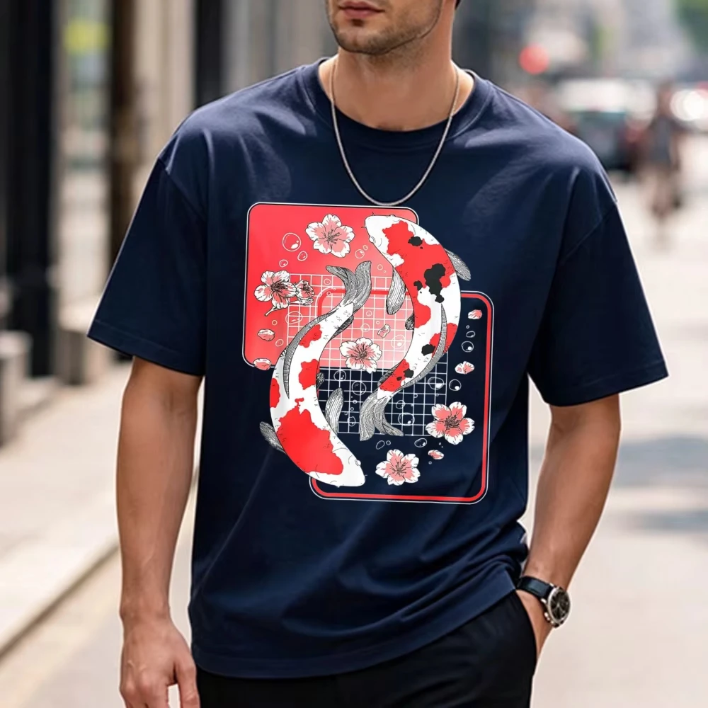 Japanese Koi Fish Sakura Cherry Blossom Retro Square Graphic T Shirt Unisex Cotton Tee Oriental Aesthetic Casual Daily Wear Tops
