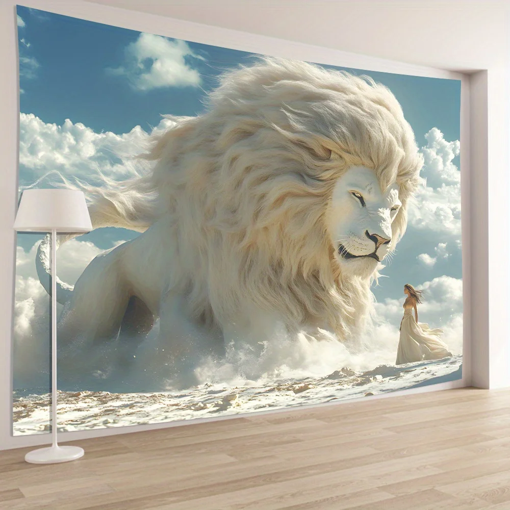 White Lion and Woman Wall Tapestry Fantasy Art Sky Clouds Background Animal Decor 2D Flat Print