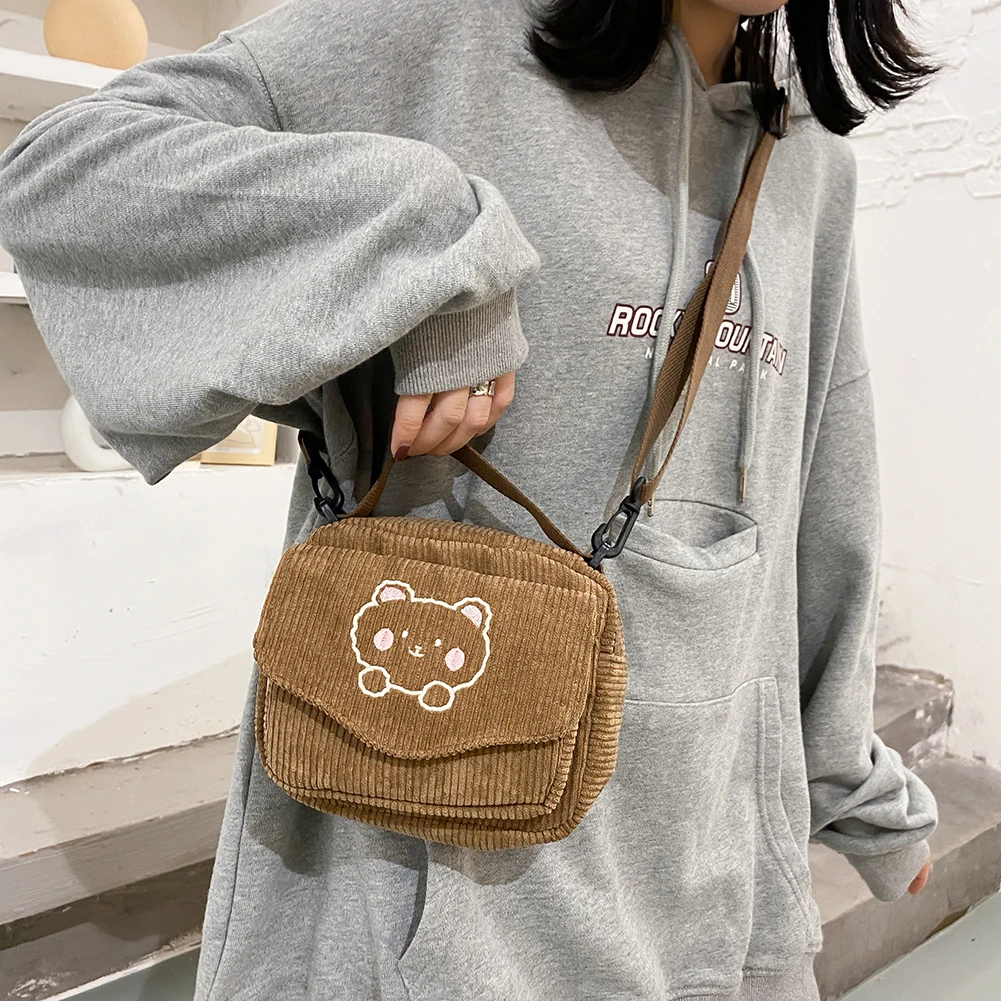 

Corduroy Handbag Vintage Cute Women Crossbody Handbag Embroidery Bear Japanese Flap Pocket Autumn Winter Purse for Student Girls