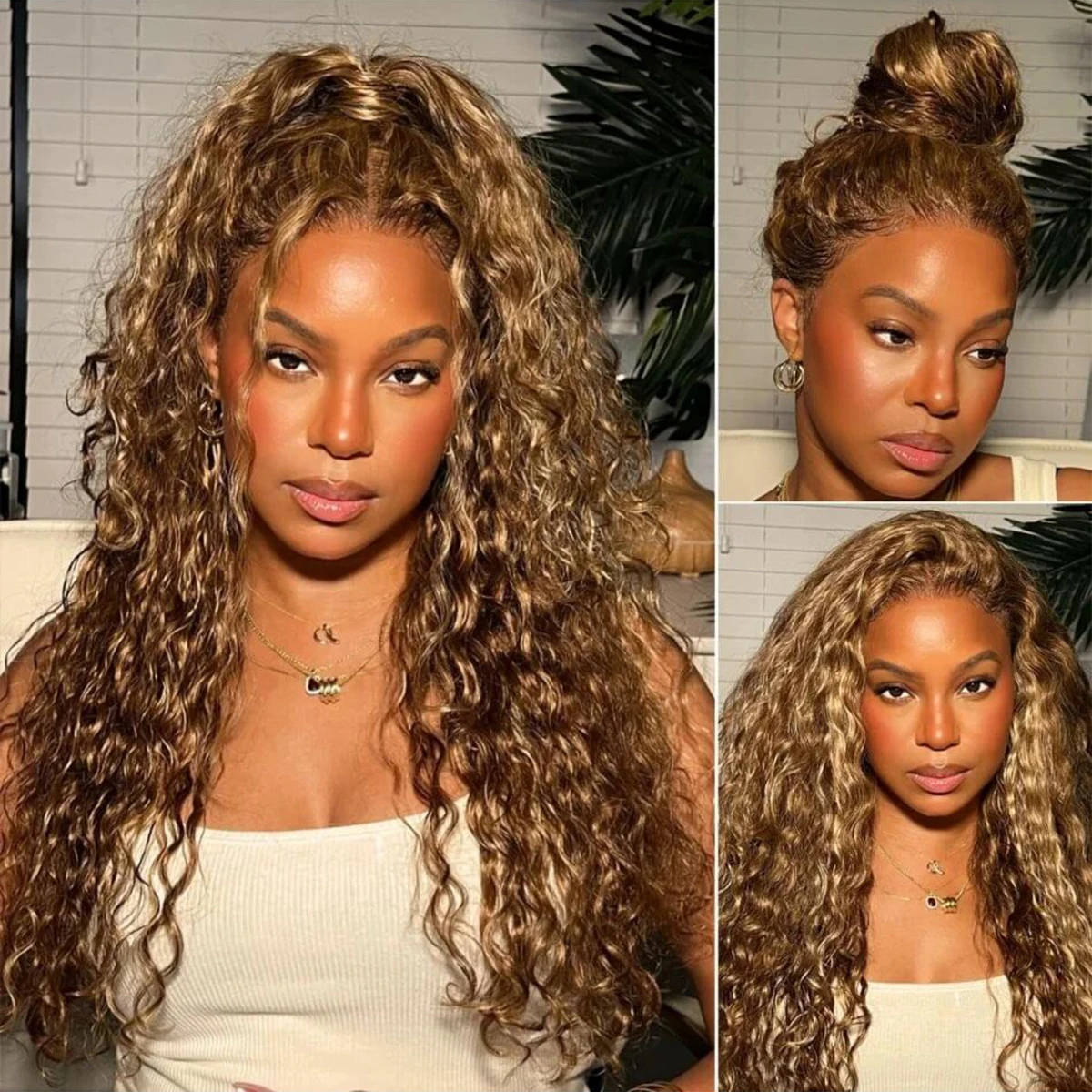 Honey Blonde 360 Lace Highlight Human Hair Wig 230% Density Deep Wave Full Lace Wig For Black Women P4/27 HD Transparent Colored Virgin Hair for Women